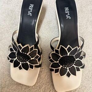 Black and White Floral Sandals with Flat Sole
